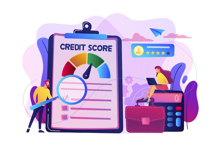 Vector gratuito analistas de personas diminutas que evalúan la capacidad del deudor potencial para pagar la deuda. calificación crediticia, control de riesgo crediticio, concepto de agencia de calificación crediticia.