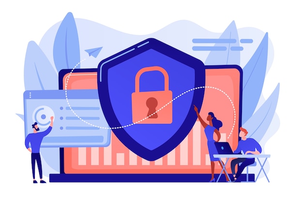Los analistas de seguridad protegen los sistemas conectados a Internet con un escudo. Ciberseguridad, protección de datos, concepto de ciberataques
