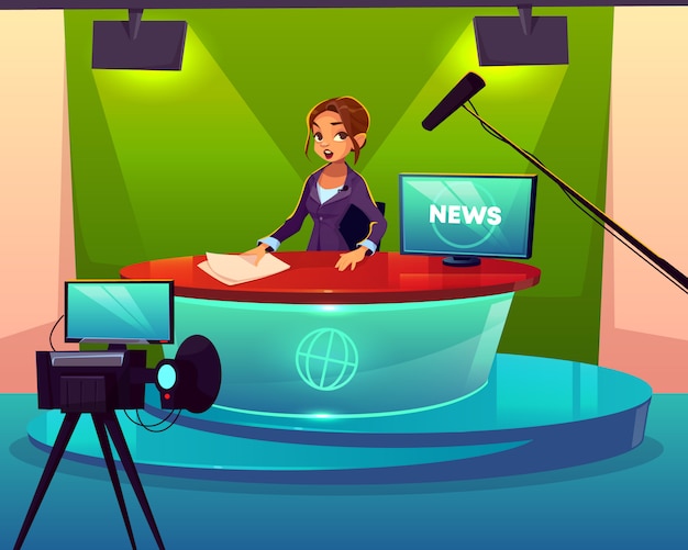 Anciana en canal de televisión estudio de dibujos animados.