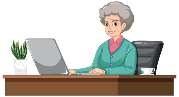 Anciana usando laptop en el escritorio