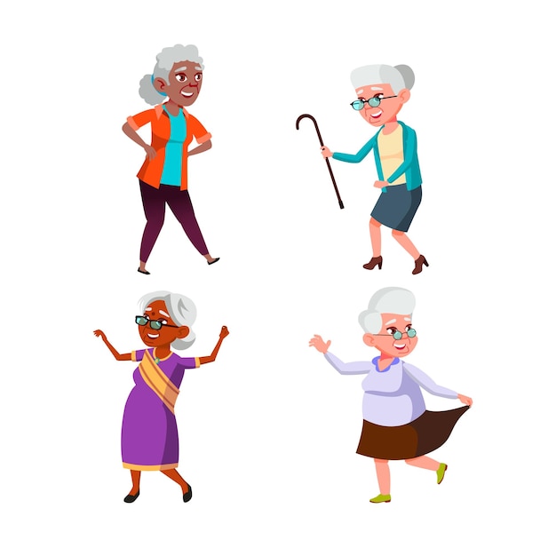 Ancianas pensionista bailando y descansando conjunto vector