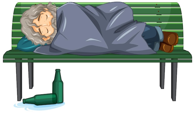 Anciano sin hogar durmiendo en un banco