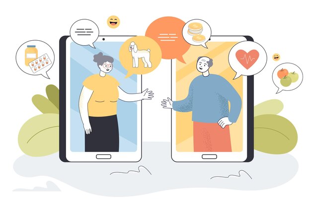 Anciano y mujer comunicándose en línea, mediante teléfonos móviles. Ilustración plana