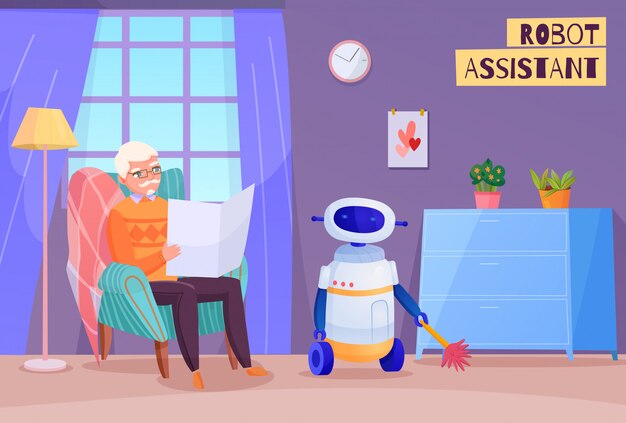 Anciano en silla durante la lectura y robot ayudante en la ilustración interior del hogar