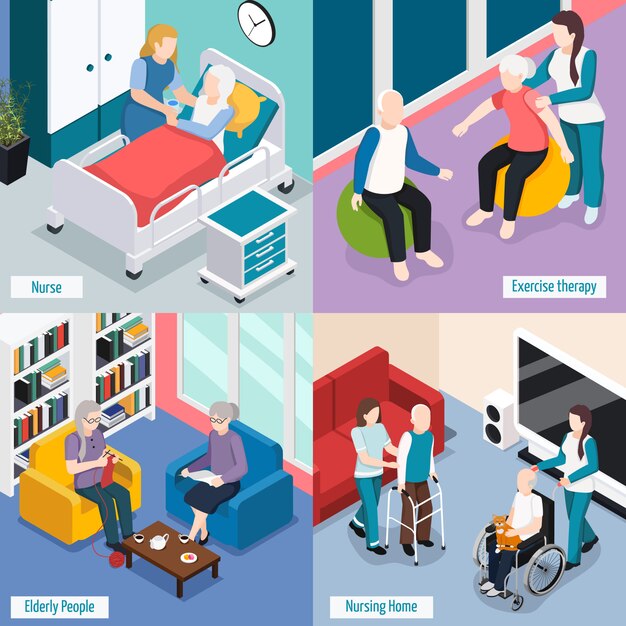 Ancianos concepto de alojamiento en hogares de ancianos con residentes que leen la sala de terapia de ejercicios atención médica ilustración aislada