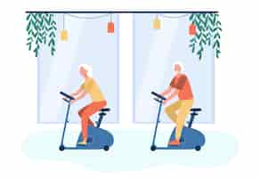 Vector gratuito ancianos entrenando en bicicleta estática en el gimnasio. ilustración de dibujos animados