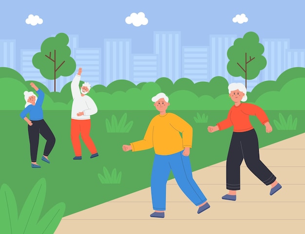 Ancianos felices corriendo en el parque de la ciudad o en el sanatorio. Pensionistas activos haciendo ejercicios en la naturaleza en la ilustración de vectores planos de verano. Estilo de vida saludable, concepto de actividad al aire libre para el diseño de sitios web