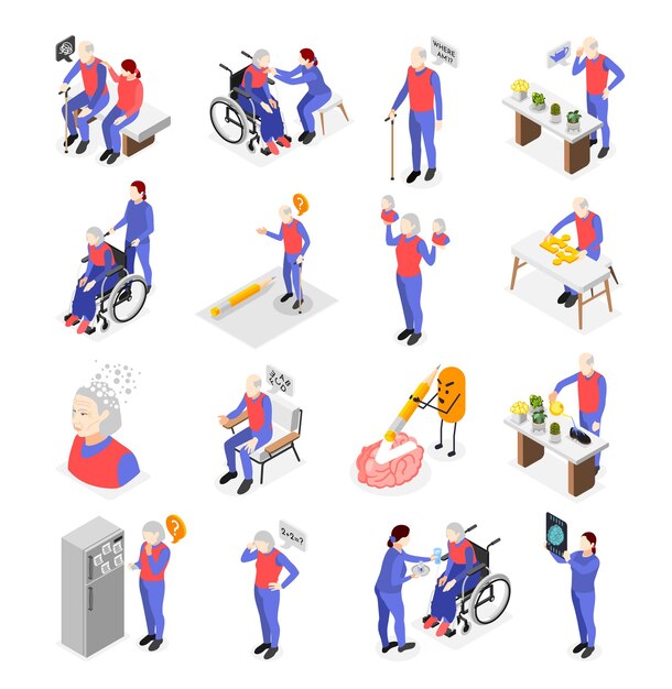 Ancianos con síntomas de demencia conjunto isométrico con personajes humanos de pacientes mayores y personal médico 3d ilustración vectorial aislada