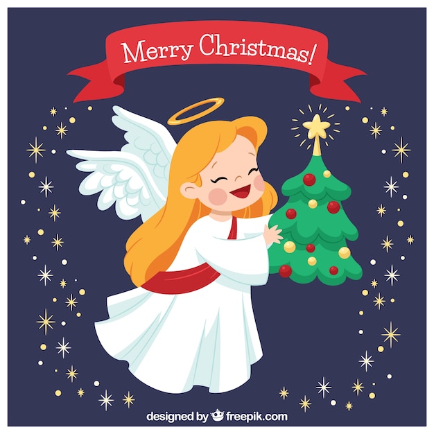 Vector gratuito Ángel de navidad ha traído un árbol de navidad