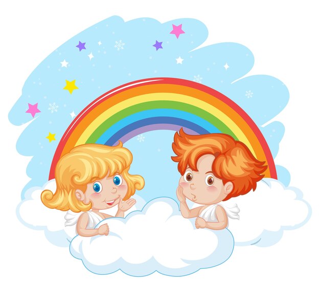 Ángel niño y niña en una nube con arco iris en el cielo