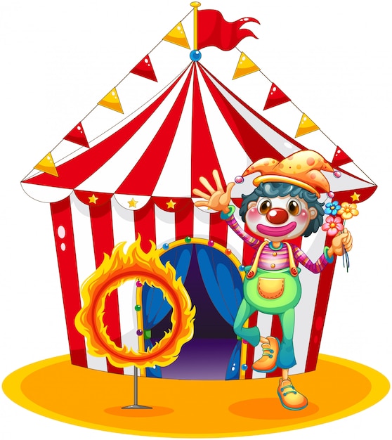 Un anillo de fuego y un payaso frente a una carpa de circo
