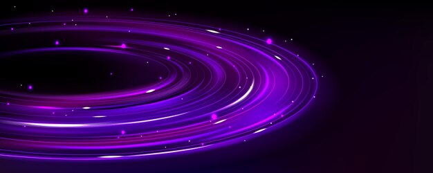 Anillo de planeta púrpura con fondo de tecnología digital de luz de neón Ilustración de vector abstracto de resplandor de energía espacial Disco de fantasía de ecosistema de energía de globo Concepto de galaxia de ruta de red Sendero de velocidad circular
