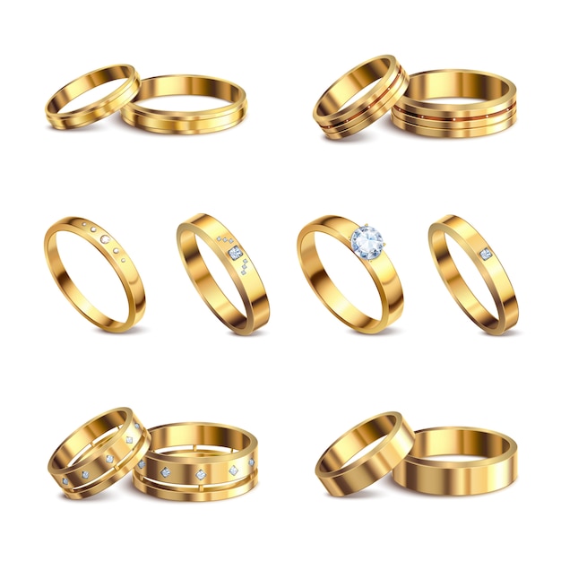 Vector gratuito anillos de bodas de oro 6 conjuntos aislados realistas de metal noble con joyas de diamantes contra la ilustración de fondo blanco