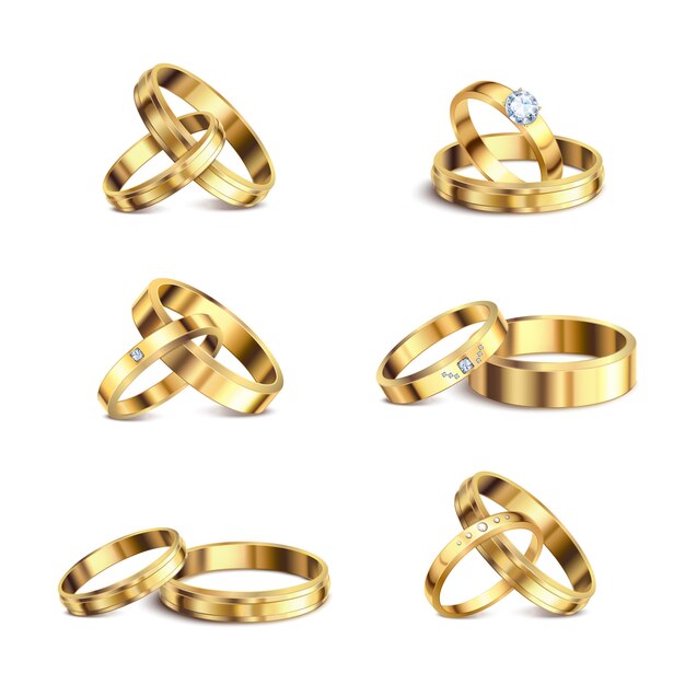 Anillos de bodas de oro pareja serie 6 conjuntos aislados realistas joyas de metal noble contra la ilustración de fondo blanco