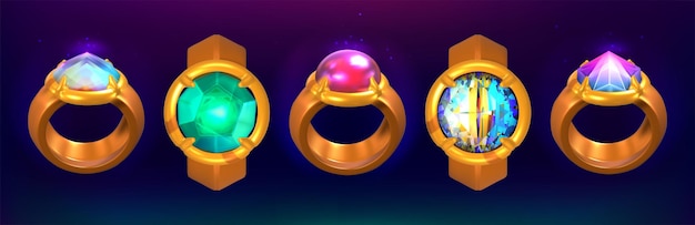 Anillos mágicos de dibujos animados de fantasía con hermosas piedras preciosas o cristales brillantes Accesorios de activos de juego de interfaz de usuario con gemas y diamantes Accesorios de cuento de hadas desde diferentes ángulos Elementos de diseño de interfaz gráfica de usuario antiguos