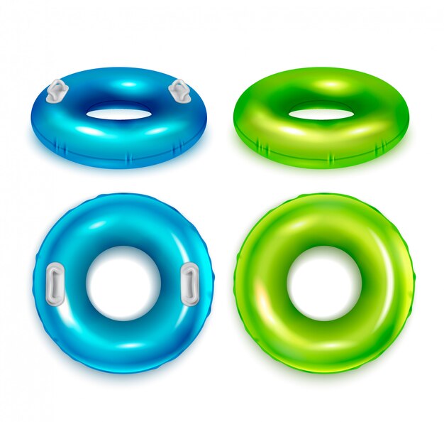 Anillos de natación de goma coloridos modernos inflables conjunto realista vista superior y lateral azul verde aislado