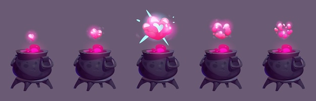 Animación de caricatura de la olla mágica rosa nube de vapor del corazón por encima de la poción de amor en el caldero ilustración vectorial secuencia de hoja de sprites con caldera de burbujas y evaporación de brujería caliente misteriosa