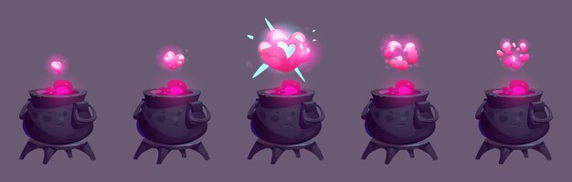 Animación de caricatura de la olla mágica rosa Nube de vapor del corazón por encima de la poción de amor en el caldero Ilustración vectorial Secuencia de hoja de sprites con caldera de burbujas y evaporación de brujería caliente misteriosa