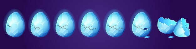 Animación de huevos de cristal de hielo de dragón de dibujos animados con cáscara entera agrietada y rota. Dinosaurio mágico de cuento de hadas y activos de juego de interfaz de usuario de reptil con cáscara congelada. Gráfico de sprite de gui aislado. Ilustración vectorial.