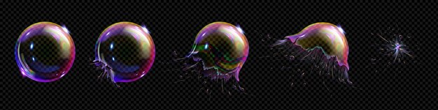 Animación realista de explosión de burbujas aislada en fondo transparente Ilustración vectorial de bola de agua jabonosa con superficie brillante de arco iris explotando con gotas y desapareciendo en efecto de salpicadura de aire