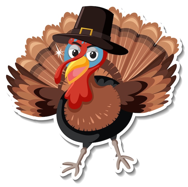 Vector gratuito animal de pavo con sombrero de personaje de dibujos animados pegatina