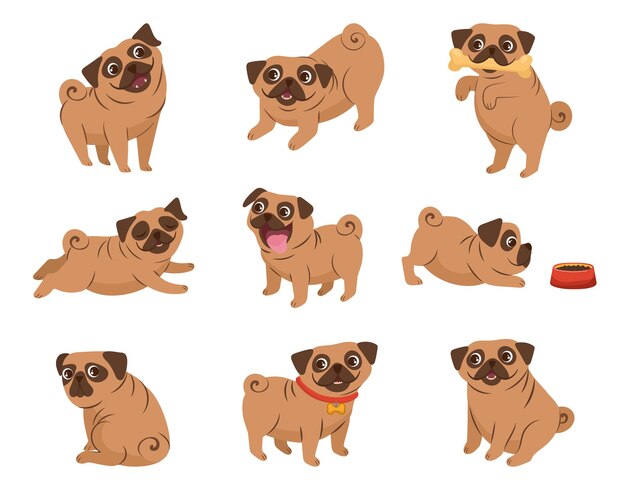 Animal perro de dibujos animados jugando en blanco. Perros lindos en diferentes emociones de acción. Feliz mascota sonriente durmiendo comiendo divirtiéndose. Conjunto de avatar de cachorro divertido. Colección de ilustraciones de dibujos animados