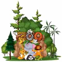 Vector gratuito animal salvaje o grupo de animales de zoológico con elementos de la naturaleza sobre fondo blanco