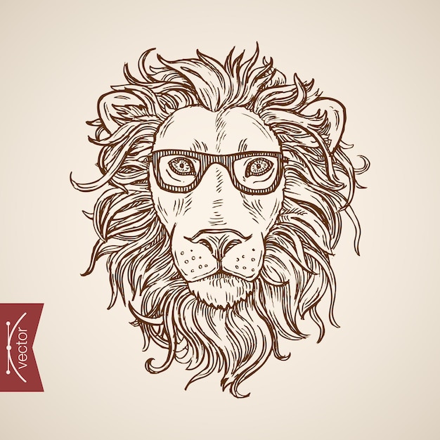 Animal salvaje retrato de león estilo hipster ropa humana accesorio con gafas.