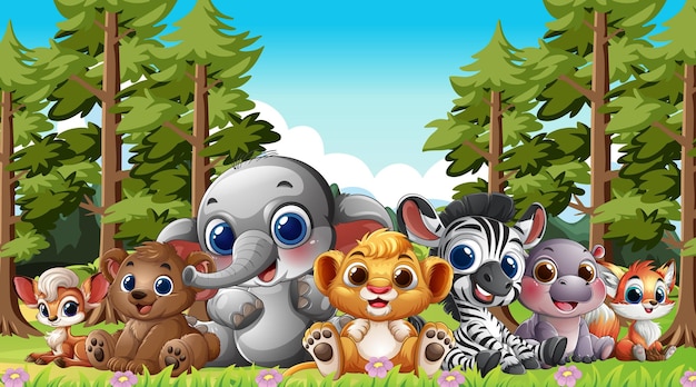 Animales adorables en una reunión en el bosque
