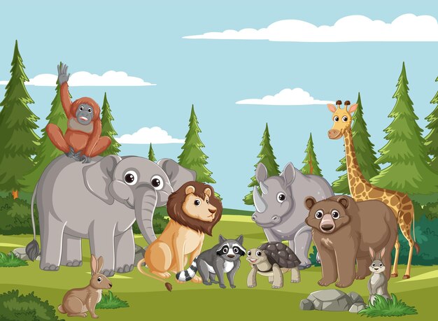 Vector gratuito animales alegres en un claro del bosque