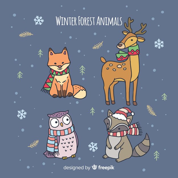 Animales bosque invierno dibujados a mano