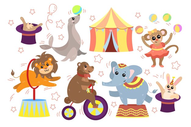 Animales de circo divertidos haciendo trucos conjunto de ilustración de dibujos animados. Mono haciendo malabares con pelotas, oso montando en bicicleta, elefante parado en el escenario, conejo sentado con sombrero, león saltando sobre un círculo. Concepto de magos