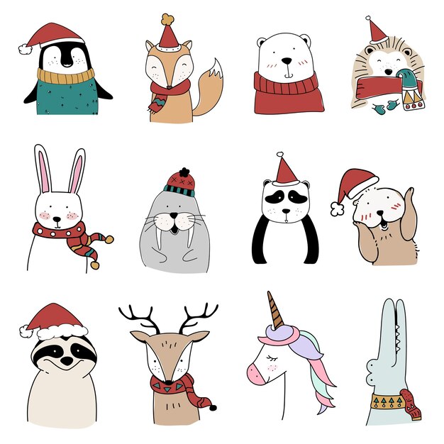 Animales dibujados a mano disfrutando de unas vacaciones navideñas.