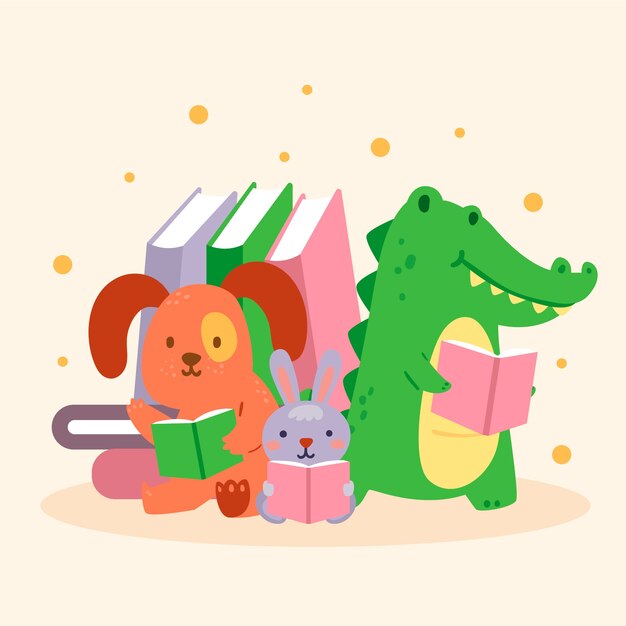 Animales dibujados a mano parecidos a niños leyendo una ilustración