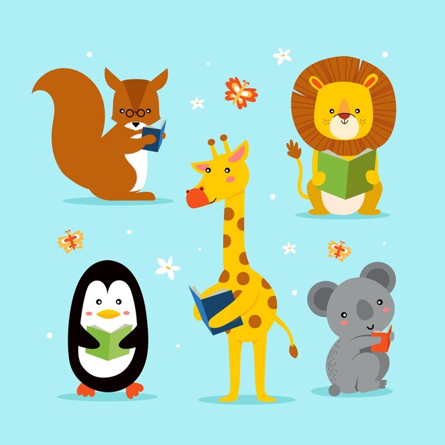 Animales dibujados a mano parecidos a niños leyendo una ilustración