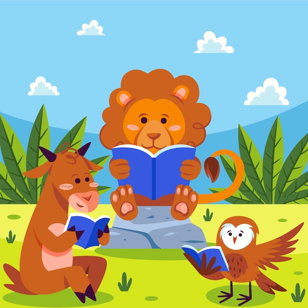 Vector gratuito animales dibujados a mano parecidos a niños leyendo una ilustración