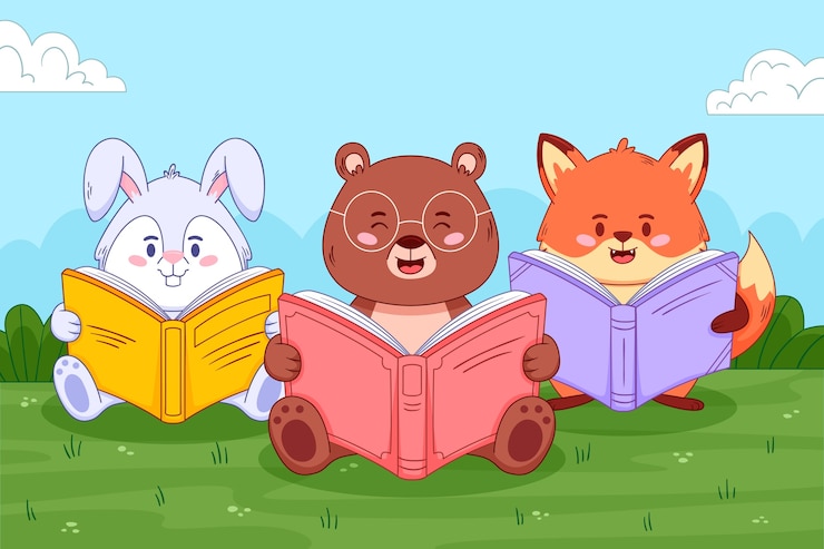 Vector gratuito animales dibujados a mano parecidos a niños leyendo una ilustración