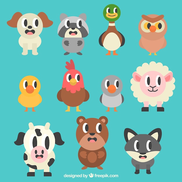 Animales de dibujos animados en diseño plano