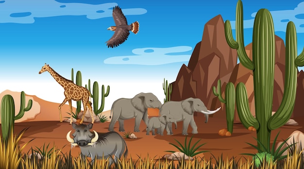 Vector gratuito animales en la escena del paisaje del bosque del desierto durante el día.