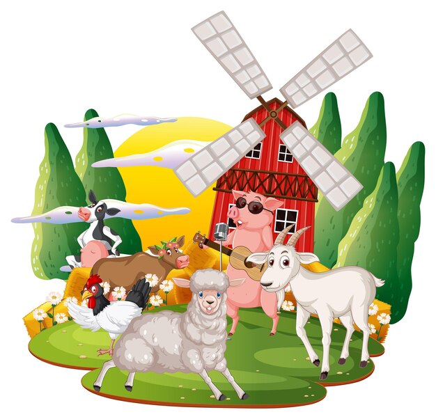 Animales felices en dibujos animados de granja