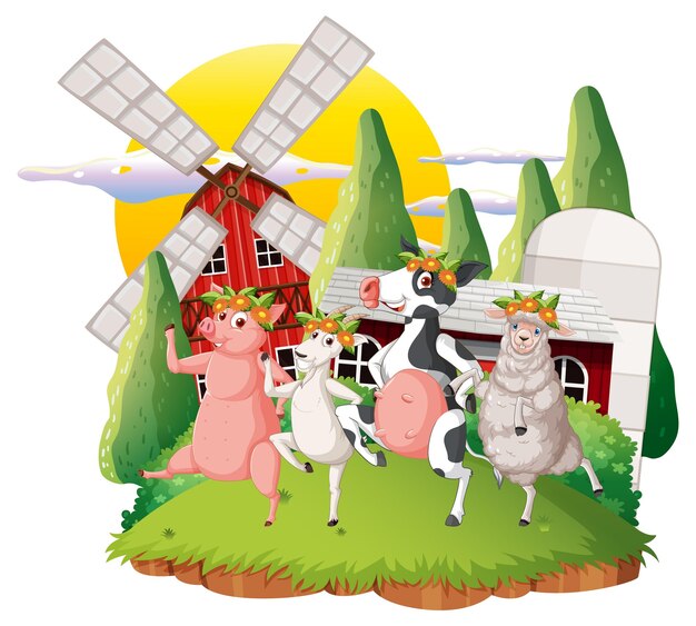 Animales felices en dibujos animados de granja