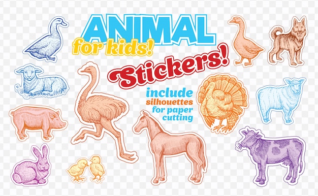 Animales de granja en estilo boceto en pegatinas de colores. Aislado en transparente