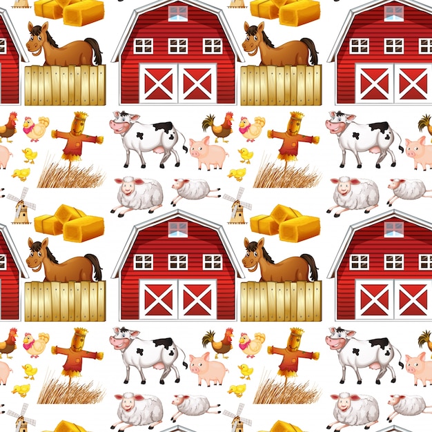 Vector gratuito animales de granja sin fisuras y granero rojo