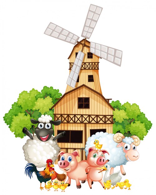 Animales de granja y molino de viento