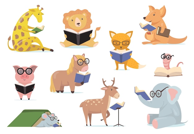 Animales inteligentes en gafas leyendo libros conjunto plano