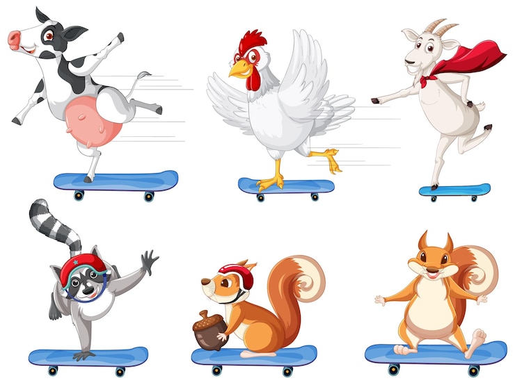 Vector gratuito animales jugando patineta sobre fondo blanco.