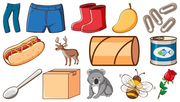 Animales lindos y otros artículos sobre fondo blanco.