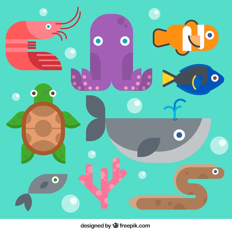 Vector gratuito animales de mar en diseño plano