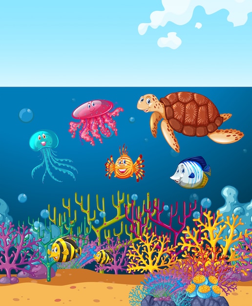 Vector gratuito animales marinos nadando bajo el mar