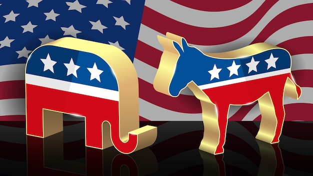 Animales de mascota política demócrata y republicana con una bandera estadounidense en el fondo